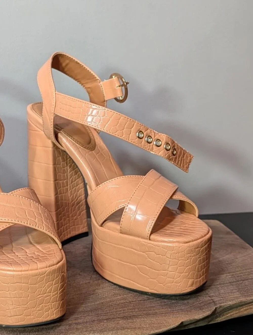 ASOS Croc-Embossed Platform Block Heel Sandals in Peach